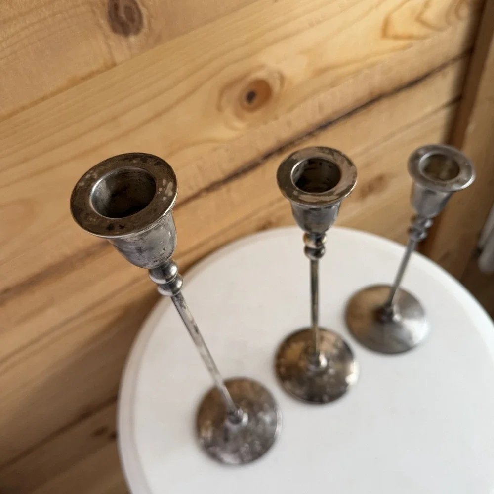 Set Of 3 Graduated Silver Tone Candle Stick Holders Tulip Tapered VTG Unmarked